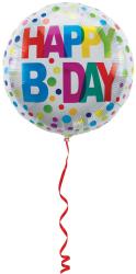 Runde Folienballon mit bunten Punkten. Aufschrift 'HAPPY B.DAY' in verschiedenen Farben.