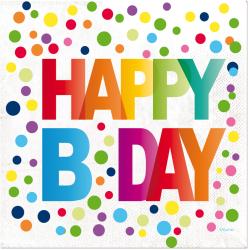 Bunte Geburtstagskarte mit dem Text 'HAPPY B DAY'. Umgeben von vielen bunten Punkten.