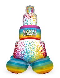Bunte Luftballon-Torte mit dem Schriftzug 'Happy Birthday'. Die Torte hat mehrere Schichten in Regenbogenfarben.