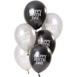 Sechs Luftballons in schwarz und silber. Auf jedem Ballon steht 'HAPPY BIRTHDAY' in weißer Schrift.