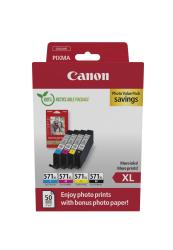 Druckerpatronen-Set mit vier Farben und zusätzlichem Fotopapier. Verpackung ist 100 Prozent recycelbar.