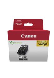Schwarze Druckerpatronen im Paket. Verpackung mit Canon-Logo und Hinweis auf Recycling.