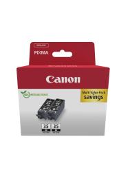 Schachtel mit zwei schwarzen Tintenpatronen für Canon Drucker. Verpackung in Rot mit dem Hinweis auf Recycling.