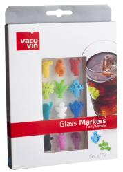 Set von 12 bunten Glasmarkierern in Form von kleinen Figuren. Verpackung zeigt ein Glas mit Getränk und Eiswürfeln.