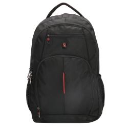 Schwarzer Rucksack mit mehreren Fächern. Roter Akzent auf der Vorderseite.
