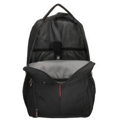 Schwarzer Rucksack mit mehreren Fächern. Roter Akzent auf der Vorderseite.