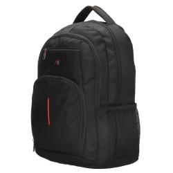Schwarzer Rucksack mit mehreren Fächern. Roter Akzent auf der Vorderseite.