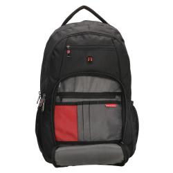 Schwarzer Rucksack mit mehreren Fächern. Roter Akzent auf der Vorderseite.