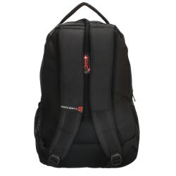 Schwarzer Rucksack mit mehreren Fächern. Roter Akzent auf der Vorderseite.