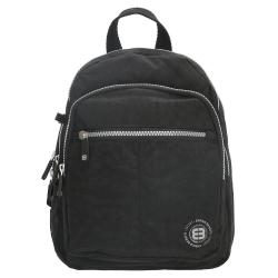 Schwarzer Rucksack mit einem Hauptfach und einer vorderen Reißverschlusstasche. Der Stoff wirkt robust und strapazierfähig.