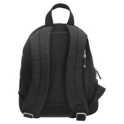 Schwarzer Rucksack mit einem Hauptfach und einer vorderen Reißverschlusstasche. Der Stoff wirkt robust und strapazierfähig.