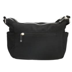 Schwarze Umhängetasche mit Reißverschluss. Eine vordere Tasche mit zusätzlichem Reißverschluss.