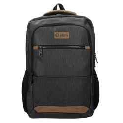 schwarzer Rucksack mit grauem Stoff. Vorderseite mit Reißverschluss und Logo. Seitentaschen aus Netzmaterial.