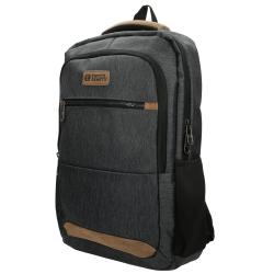 schwarzer Rucksack mit grauem Stoff. Vorderseite mit Reißverschluss und Logo. Seitentaschen aus Netzmaterial.