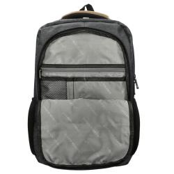 schwarzer Rucksack mit grauem Stoff. Vorderseite mit Reißverschluss und Logo. Seitentaschen aus Netzmaterial.