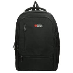 schwarzer Rucksack mit zwei Hauptfächern und einem kleinen Frontfach. Tragegriff oben, gepolsterte Rückseite.