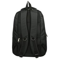 schwarzer Rucksack mit zwei Hauptfächern und einem kleinen Frontfach. Tragegriff oben, gepolsterte Rückseite.