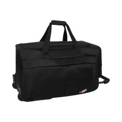 Schwarze Reisetasche mit Rollen und zwei Tragegriffen. Sie hat eine große Öffnung und zwei vordere Fächer.
