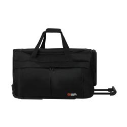 Schwarze Reisetasche mit Rollen und zwei Tragegriffen. Sie hat eine große Öffnung und zwei vordere Fächer.