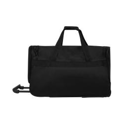 Schwarze Reisetasche mit Rollen und zwei Tragegriffen. Sie hat eine große Öffnung und zwei vordere Fächer.