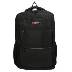 schwarzer Rucksack mit mehreren Fächern. Gepolsterte Rückseite und Tragegriff oben. Logo von Enrico Benetti auf der Vorderseite.
