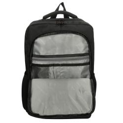schwarzer Rucksack mit mehreren Fächern. Gepolsterte Rückseite und Tragegriff oben. Logo von Enrico Benetti auf der Vorderseite.