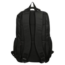 schwarzer Rucksack mit mehreren Fächern. Gepolsterte Rückseite und Tragegriff oben. Logo von Enrico Benetti auf der Vorderseite.
