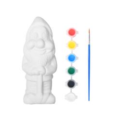 Weißer Gnom aus Keramik zum Bemalen. Fünf Farbbehälter und ein Pinsel sind dabei.
