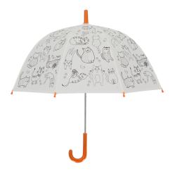 Regenschirm mit Katzenmotiven in Schwarz auf hellem Hintergrund. Der Griff ist orange.