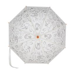 Regenschirm mit Katzenmotiven in Schwarz auf hellem Hintergrund. Der Griff ist orange.