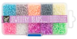 Set mit Schmuckperlen in verschiedenen Farben. Enthält Blau, Pink, Orange, Grau, Weiß, Lila und Grün. Verpackt in einer transparenten Box mit Fächern.