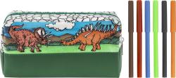 Pencil Case zum Ausmalen mit Dinosaurier-Motiven. Enthält 6 Filzstifte. Verpackt in durchsichtiger Box.