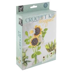 Häkelset für einen Blumenstrauß. Enthält sechs Teile mit verschiedenen Blumen und Blättern.