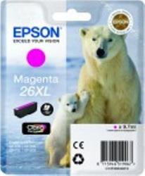 Epson Tintenpatrone in Magenta. Größe 26XL, Inhalt 9,7 ml. Abgebildete Eisbären, ein großes Tier und ein Jungtier. Verpackung mit technischen Informationen.