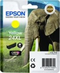 Gelbe Druckerpatrone von Epson, Modell 24XL. Für verschiedene XP-Modelle geeignet. Inhalt: 8,7 ml. Abbildung eines Elefanten im Hintergrund.