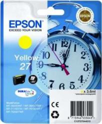 Gelbe Tinte von Epson für Drucker. Verpackung zeigt eine Uhr und enthält Informationen über die Kompatibilität.