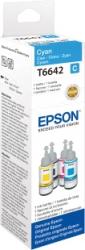 Verpackung für Cyan-Tinte von Epson. Enthält eine Flasche mit Tinte und ist in blauer und weißer Farbe gestaltet.