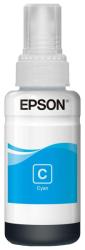 Verpackung für Cyan-Tinte von Epson. Enthält eine Flasche mit Tinte und ist in blauer und weißer Farbe gestaltet.