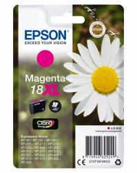 Magenta Tintenpatrone von Epson, Modell 18XL. Verpackung zeigt eine weiße Blume. Für verschiedene Epson Drucker geeignet. Inhalt: 6,6 ml.