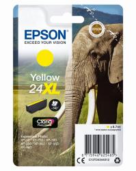 Gelbe Druckerpatrone von Epson, Modell 24XL. Für verschiedene XP-Modelle geeignet. Inhalt: 8,7 ml. Abbildung eines Elefanten im Hintergrund.