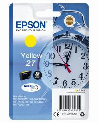 Gelbe Tinte von Epson für Drucker. Verpackung zeigt eine Uhr und enthält Informationen über die Kompatibilität.