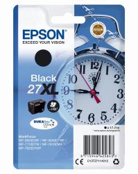 Schwarze Tintenpatrone, Modell 27XL. Verpackung zeigt eine Uhr. Geeignet für Epson Workforce Drucker. Inhalt: 17,7 ml.