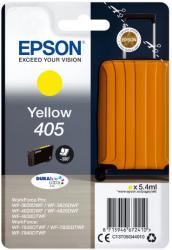 Gelbe Tintenpatrone von Epson, Modell 405. Verpackung zeigt einen orangefarbenen Koffer.