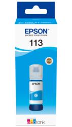 Epson Tinte, Flasche in Blau und Weiß. Verpackung mit transparentem Deckel. Produktnummer 113.