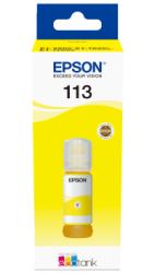 Gelbe Flasche mit Druckerpatrone. Beschriftung zeigt die Marke Epson und die Farbnummer 113.