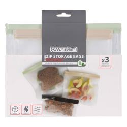 Drei wiederverwendbare Zip-Beutel in verschiedenen Größen. Geeignet für Kühlschrank, Gefrierfach und Geschirrspüler.