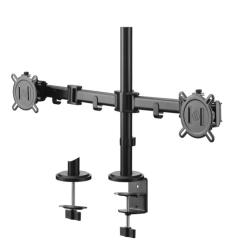 Schwenkbarer Monitorarm für zwei Bildschirme. Schwarz, mit Halterungen und Montagezubehör.