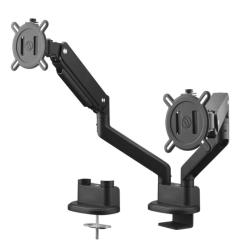 Doppelter Monitorarm in Schwarz. Flexibel einstellbar mit zwei Halterungen.