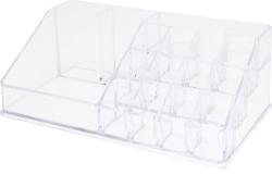 Transparente Aufbewahrungsbox mit mehreren Fächern. Links größere Ablage, rechts 12 kleine Fächer. Ideal für Organisation.