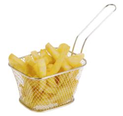 Metallener Frittierkorb mit langem Griff. Korb hat ein gitterartiges Design.
